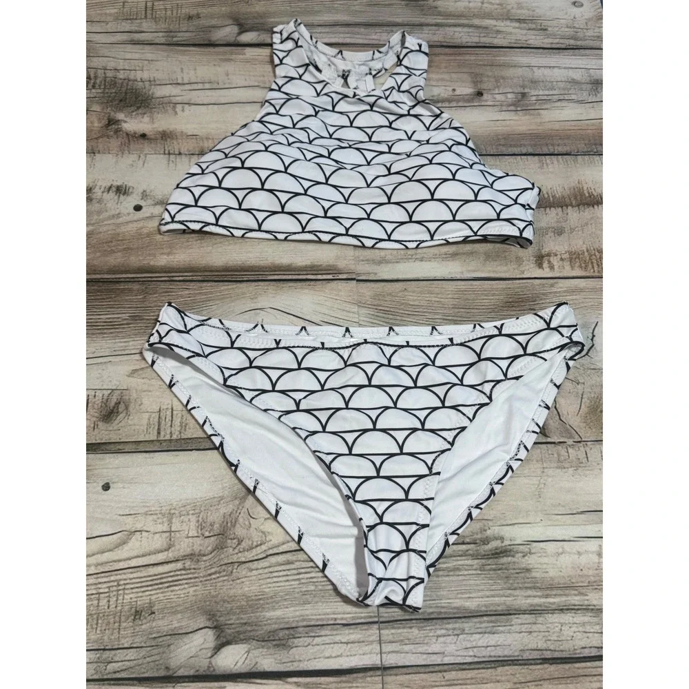 CUPSHE Bikini Set‎ Black & White Scallop Print High Neck Two Piece Swimsuit S